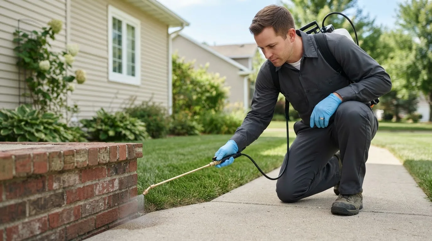 Pest control technician treating a home near Colebrook, NH